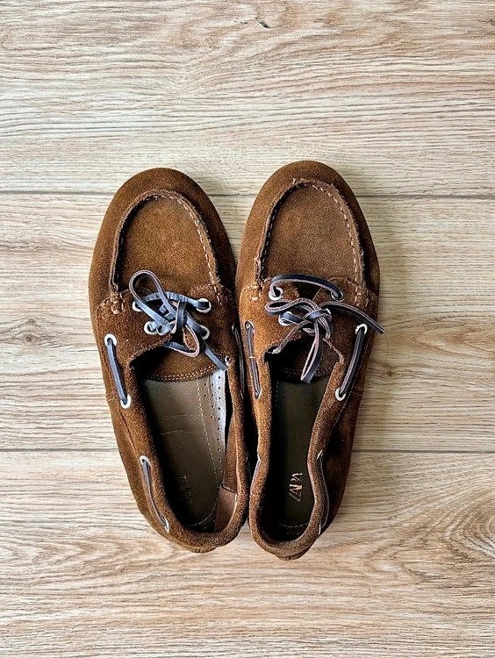 Zara Leather Suede Boat Shoes Brown Moccasins